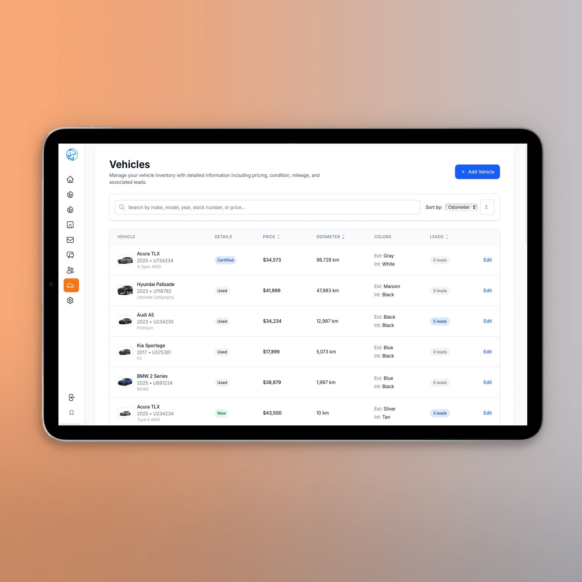 Inventory Management Dashboard - Vehicle listings with details